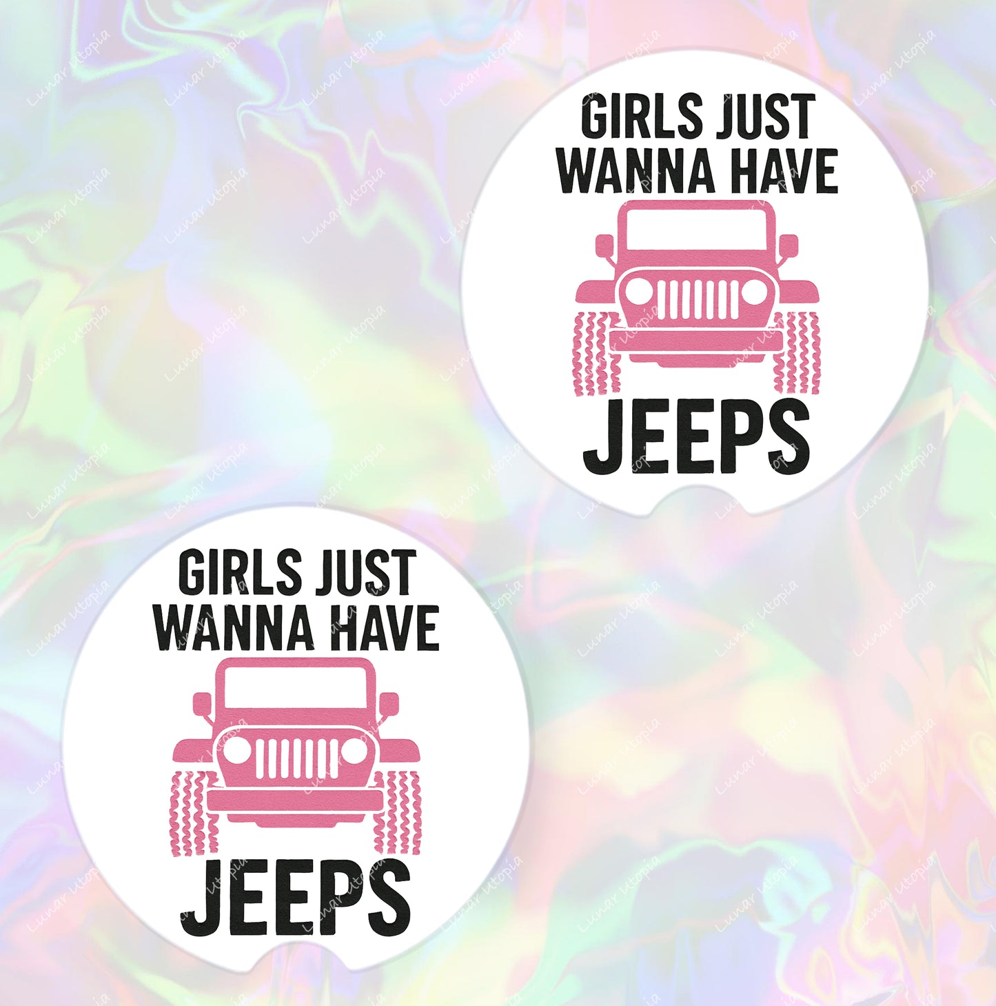 Cute Neoprene Car Coasters, Absorbent Cup Holder Inserts, Fun Auto Accessories (Set of 2) Girls Want Jeeps