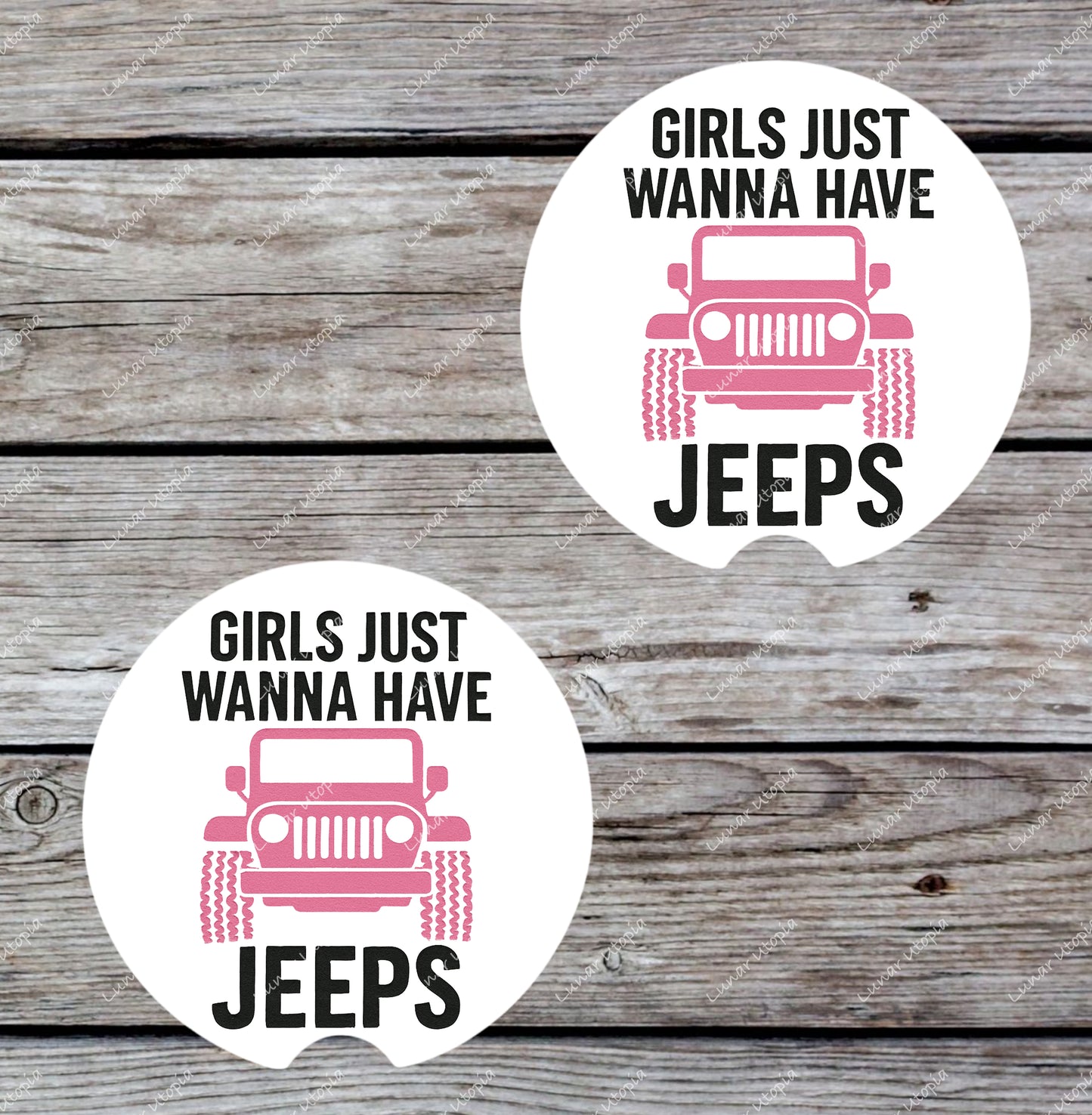Cute Neoprene Car Coasters, Absorbent Cup Holder Inserts, Fun Auto Accessories (Set of 2) Girls Want Jeeps