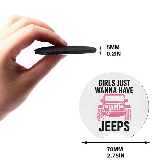 Cute Neoprene Car Coasters, Absorbent Cup Holder Inserts, Fun Auto Accessories (Set of 2) Girls Want Jeeps