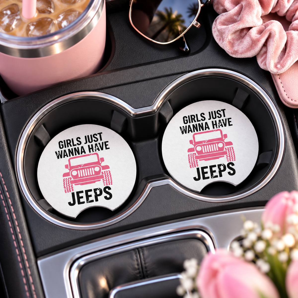 Girls Just Wanna Have Jeeps Car Coasters Set of 2, Neoprene Cup Holder Inserts, Funny Jeep Girl Adventure Auto Accessory Gift