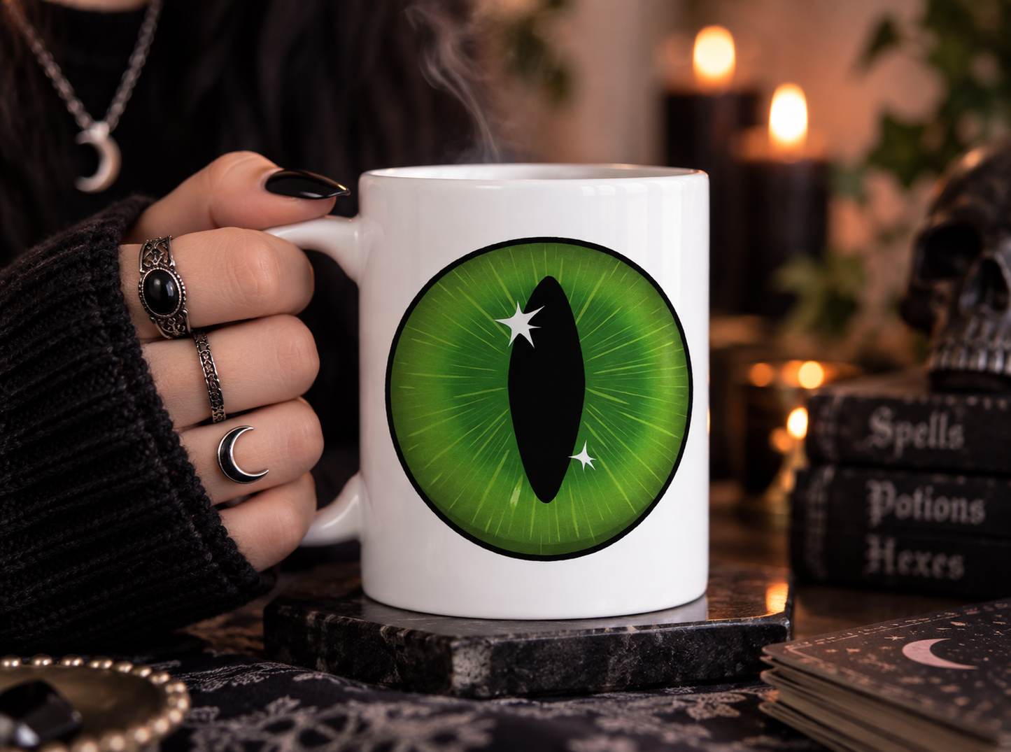 Green Goth Cat Eye 11 oz Halloween Coffee Mug, Spooky Ceramic Gift
