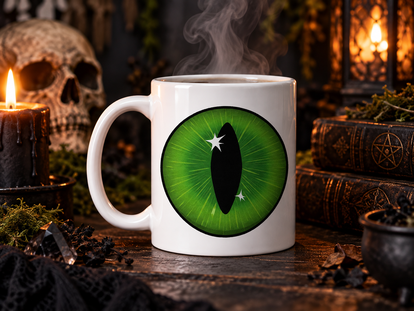 Green Goth Cat Eye 11 oz Halloween Coffee Mug, Spooky Ceramic Gift