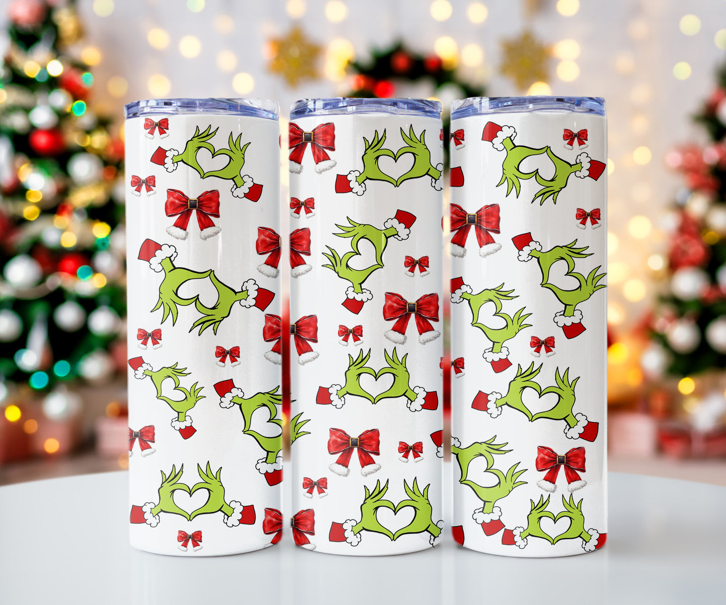 Grinchmas Grinch Heart Hands Bows 20 oz Tumbler, Coquette Christmas Skinny Cup, Cute Grinch Holiday Gift