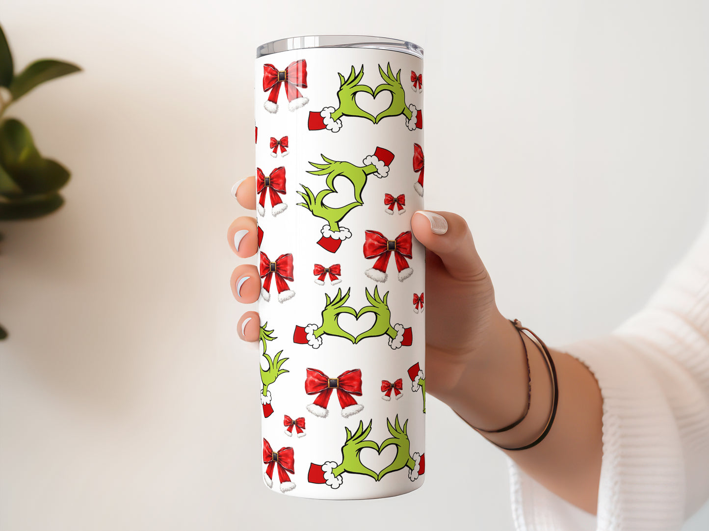 Grinchmas Grinch Heart Hands Bows 20 oz Tumbler, Coquette Christmas Skinny Cup, Cute Grinch Holiday Gift