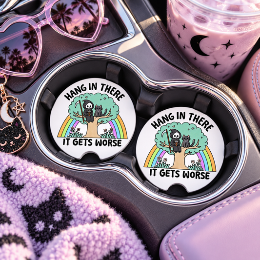Hang In There It Gets Worse Car Coasters Set of 2, Neoprene Cup Holder Inserts, Funny Grim Reaper Tree Rainbow Sarcastic Auto Accessory Gift