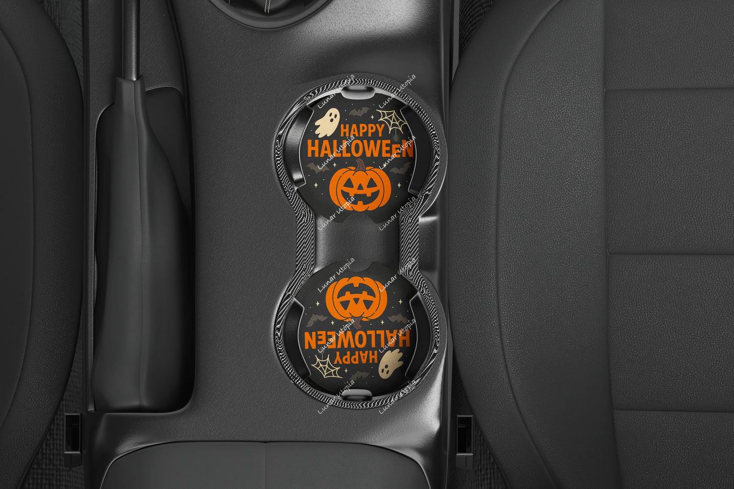 Cute Neoprene Car Coasters, Absorbent Cup Holder Inserts, Fun Auto Accessories (Set of 2) Happy Halloween