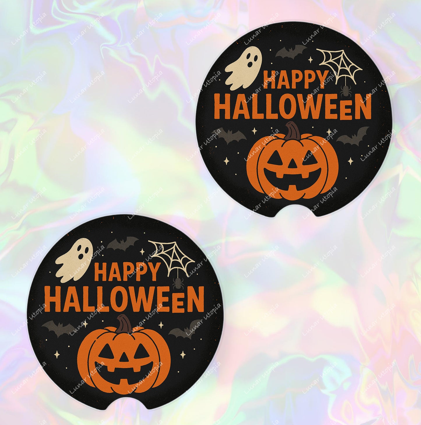 Cute Neoprene Car Coasters, Absorbent Cup Holder Inserts, Fun Auto Accessories (Set of 2) Happy Halloween