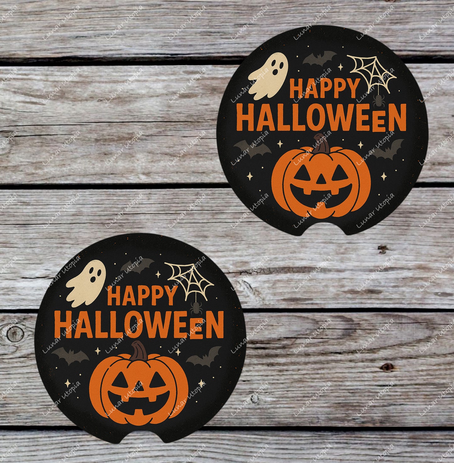 Cute Neoprene Car Coasters, Absorbent Cup Holder Inserts, Fun Auto Accessories (Set of 2) Happy Halloween