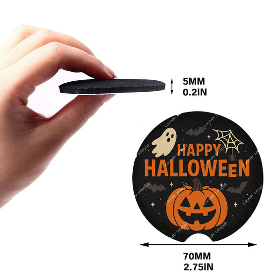 Cute Neoprene Car Coasters, Absorbent Cup Holder Inserts, Fun Auto Accessories (Set of 2) Happy Halloween