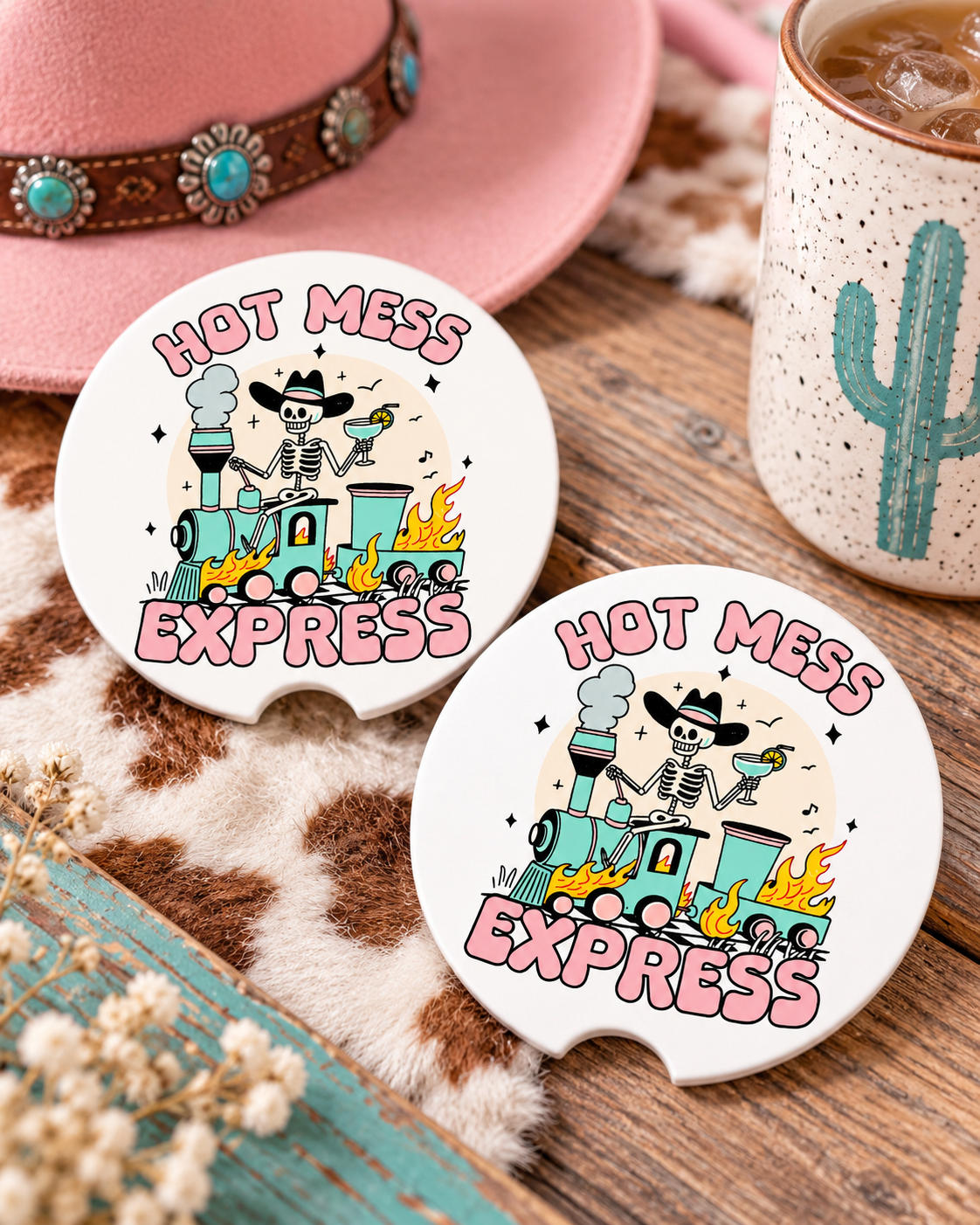 Hot Mess Express Neoprene Car Coasters Set of 2, Funny Skeleton Cowboy Gift, Boho Chaos Cup Holder Inserts