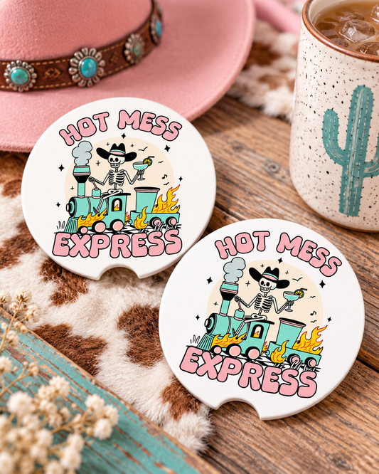Hot Mess Express Neoprene Car Coasters Set of 2, Funny Skeleton Cowboy Gift, Boho Chaos Cup Holder Inserts