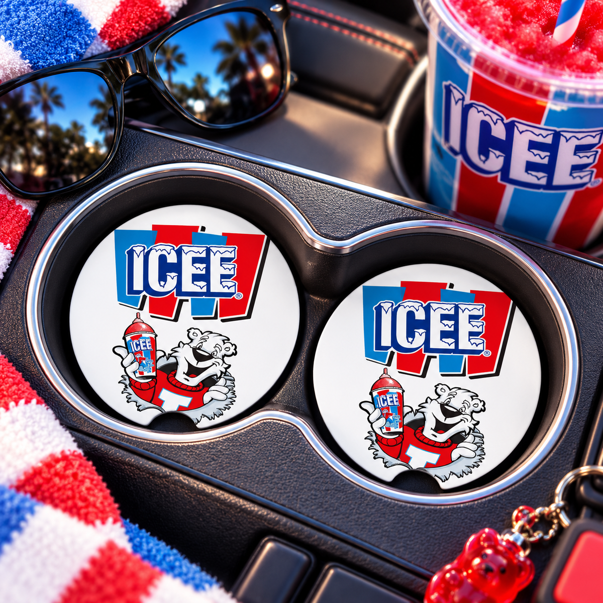 ICEE Bear Car Coasters Set of 2, Neoprene Cup Holder Inserts, Retro Nostalgia Frozen Drink Auto Accessory Gift