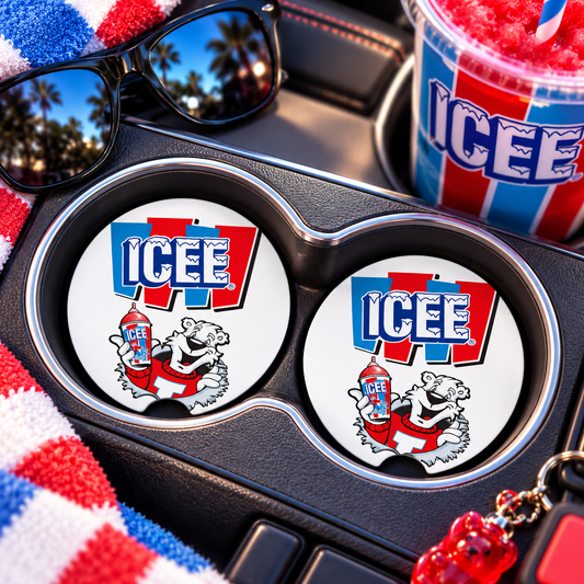 ICEE Bear Car Coasters Set of 2, Neoprene Cup Holder Inserts, Retro Nostalgia Frozen Drink Auto Accessory Gift