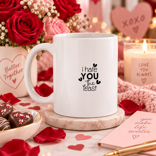 I Hate You The Least 11 oz Coffee Mug, Funny Sarcastic Love Quote Gift, Bold Heart Script Cup for Best Friends