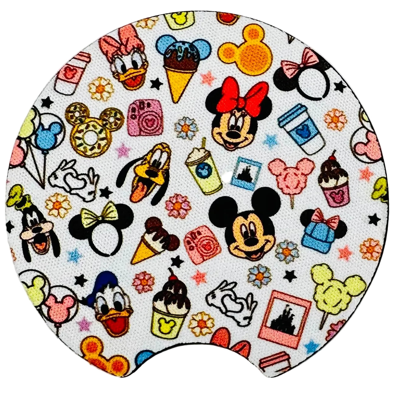 Two round white mouse pads with a colorful cartoon character pattern featuring Mickey Mouse, Minnie Mouse, Donald Duck, Daisy Duck, Pluto, and other Disney icons, displayed side-by-side on a white background.