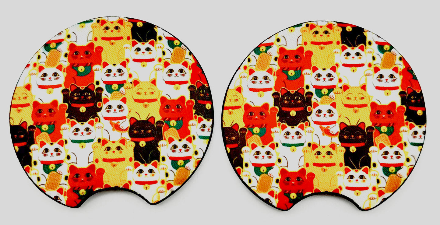Lucky Cats Maneki Neko neoprene car coasters set of 2 with all-over pattern of colorful Japanese beckoning cats