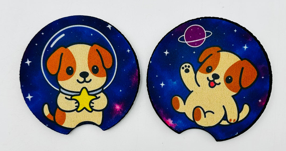 Galaxy Dogs Car Coasters Set of 2, Neoprene Cup Holder Inserts, Cute Space Celestial Puppy Auto Accessory Gift