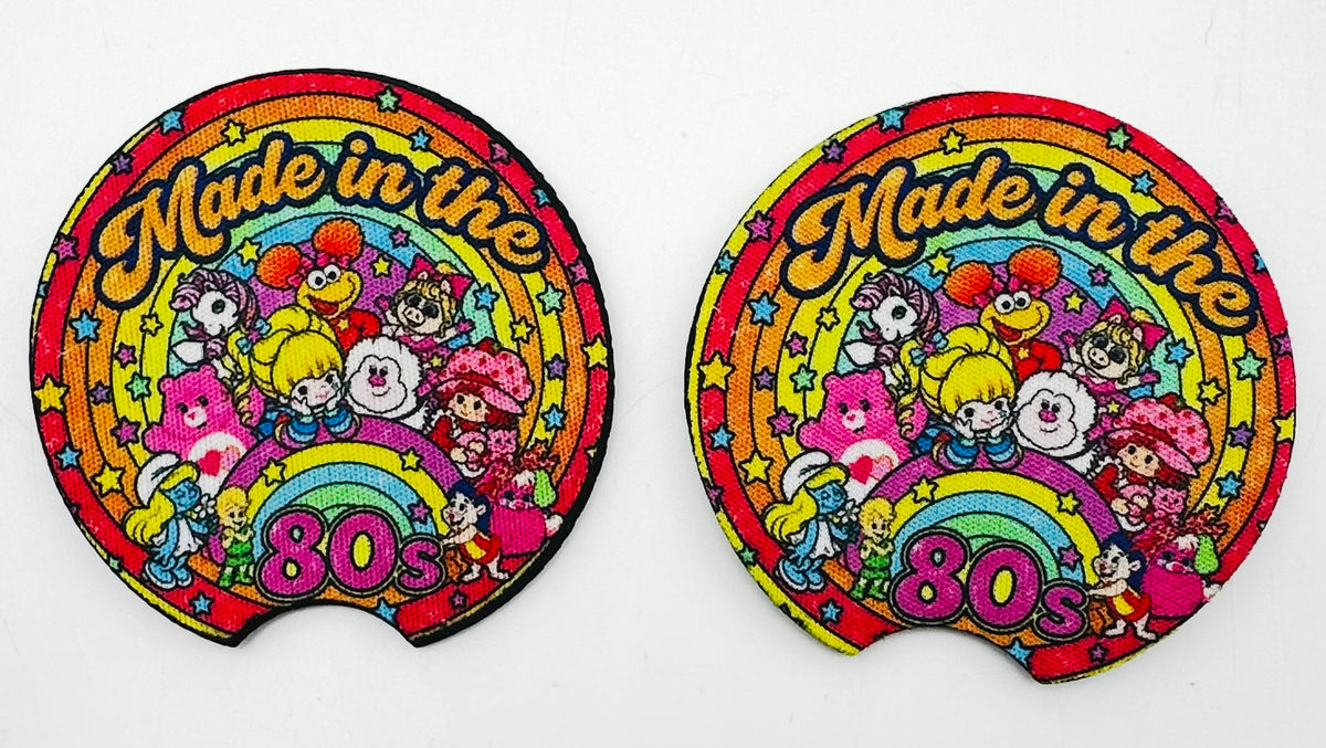 Made in the 80s Car Coasters Set of 2, Neoprene Cup Holder Inserts, Retro Cartoon Characters Rainbow Nostalgia Auto Accessory Gift