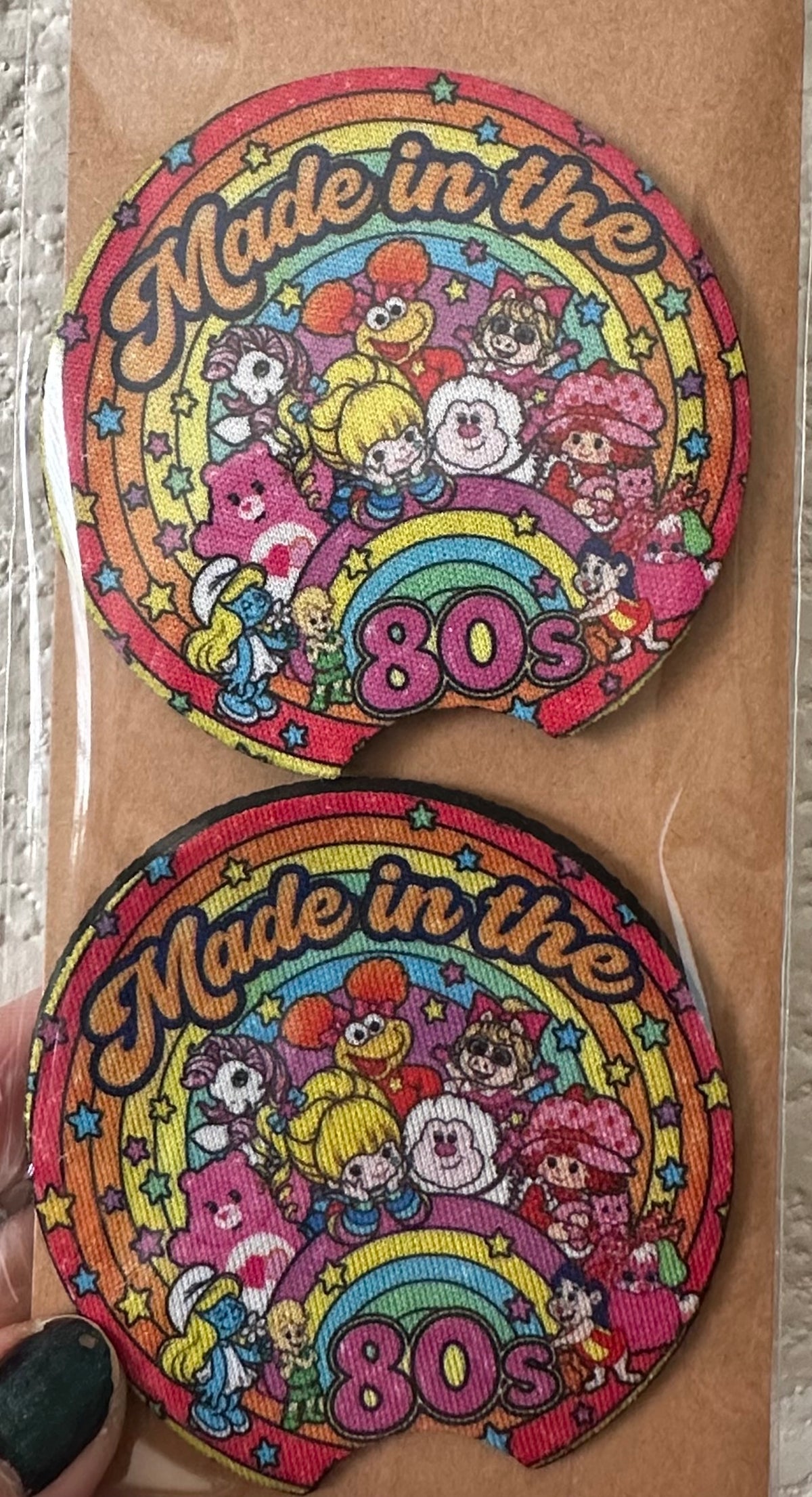 Made in the 80s Car Coasters Set of 2, Neoprene Cup Holder Inserts, Retro Cartoon Characters Rainbow Nostalgia Auto Accessory Gift