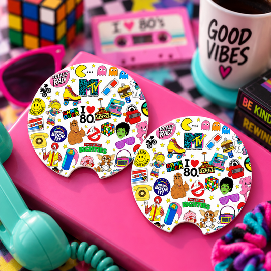 I Love the 80s Car Coasters Set of 2, Neoprene Cup Holder Inserts, Retro Nostalgia 80s Icons Collage Auto Accessory Gift