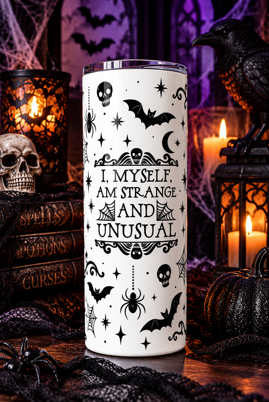 I Myself Am Strange and Unusual Gothic 20 oz Skinny Tumbler, Beetlejuice Quote Fan Gift, Halloween Cup with Lid and Straw
