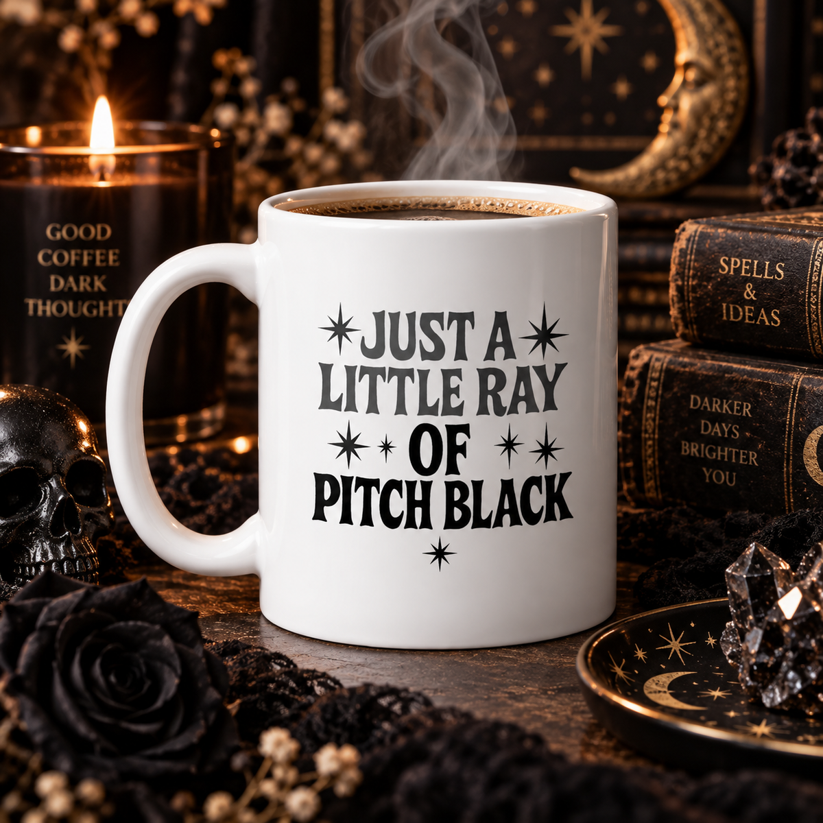 Just a Little Ray of Pitch Black 11 oz Coffee Mug, Funny Gothic Quote Gift, Dark Humor Cup for Dark Souls