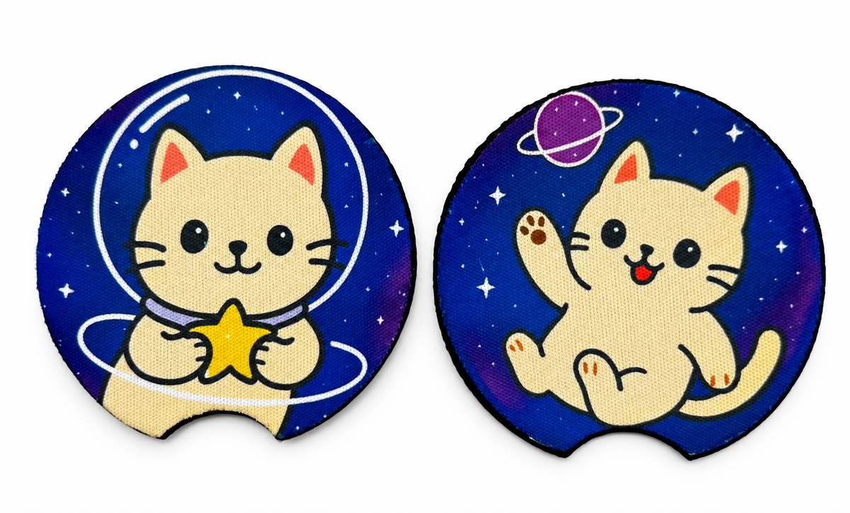 Galaxy Cats Car Coasters Set of 2, Neoprene Cup Holder Inserts, Cute Space Celestial Kitty Auto Accessory Gift