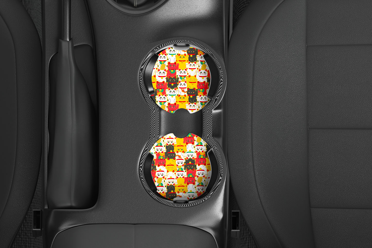 Lucky Cats Maneki Neko Car Coasters Set of 2, Neoprene Cup Holder Inserts, Japanese Beckoning Cat All-Over Pattern Auto Accessory Gift