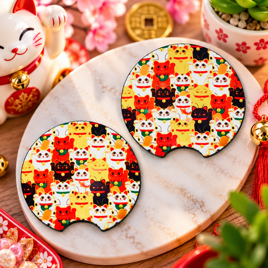Lucky Cats Maneki Neko Car Coasters Set of 2, Neoprene Cup Holder Inserts, Japanese Beckoning Cat All-Over Pattern Auto Accessory Gift