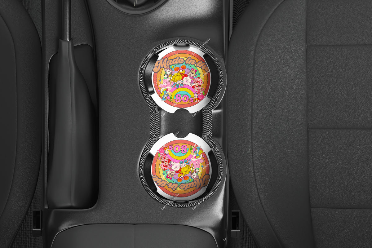 Made in the 80s Car Coasters Set of 2, Neoprene Cup Holder Inserts, Retro Cartoon Characters Rainbow Nostalgia Auto Accessory Gift