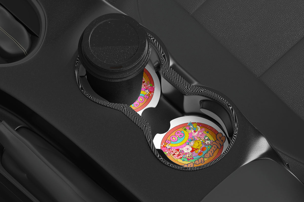 Made in the 80s Car Coasters Set of 2, Neoprene Cup Holder Inserts, Retro Cartoon Characters Rainbow Nostalgia Auto Accessory Gift