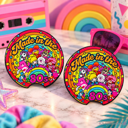 Made in the 80s Car Coasters Set of 2, Neoprene Cup Holder Inserts, Retro Cartoon Characters Rainbow Nostalgia Auto Accessory Gift
