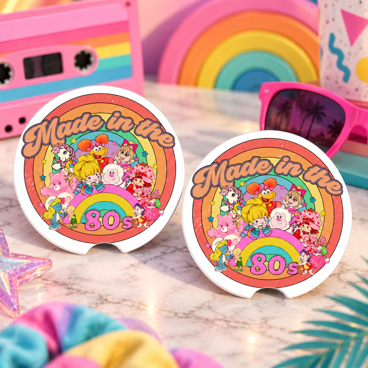 Made in the 80s Car Coasters Set of 2, Neoprene Cup Holder Inserts, Retro Cartoon Characters Rainbow Nostalgia Auto Accessory Gift