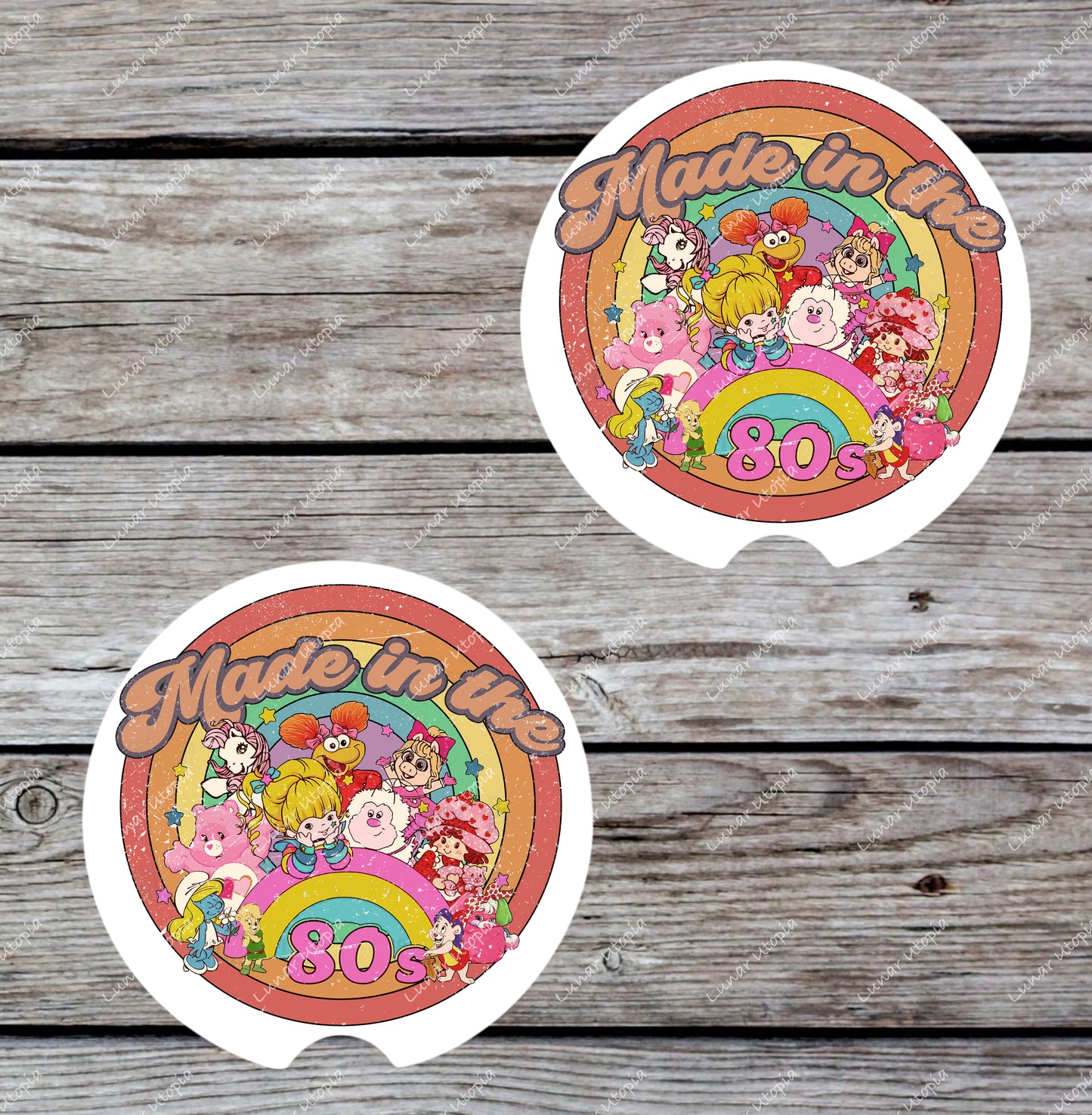 Made in the 80s Car Coasters Set of 2, Neoprene Cup Holder Inserts, Retro Cartoon Characters Rainbow Nostalgia Auto Accessory Gift