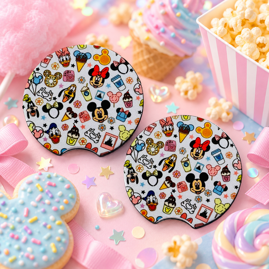 Cartoon Magical Snacks Car Coasters Set of 2, Neoprene Cup Holder Inserts, Theme Park Character Snacks Auto Accessory Gift