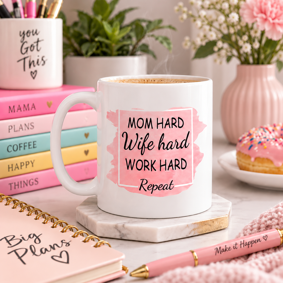 Mom Hard Wife Hard Work Hard Repeat 11 oz Coffee Mug, Funny Gift for Mom, Relatable Wife Humor Tea Cup