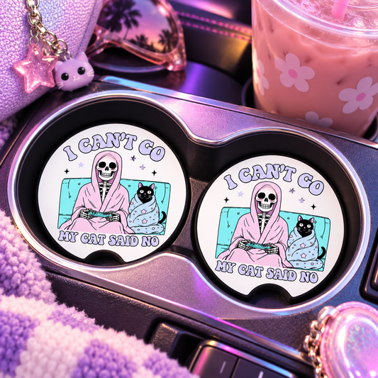 I Can't Go My Cat Said No Car Coasters Set of 2, Neoprene Cup Holder Inserts, Funny Skeleton Cat Introvert Auto Accessory Gift