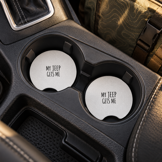 My Jeep Gets Me Car Coasters Set of 2, Neoprene Cup Holder Inserts, Funny Jeep Adventure Off-Road Auto Accessory Gift