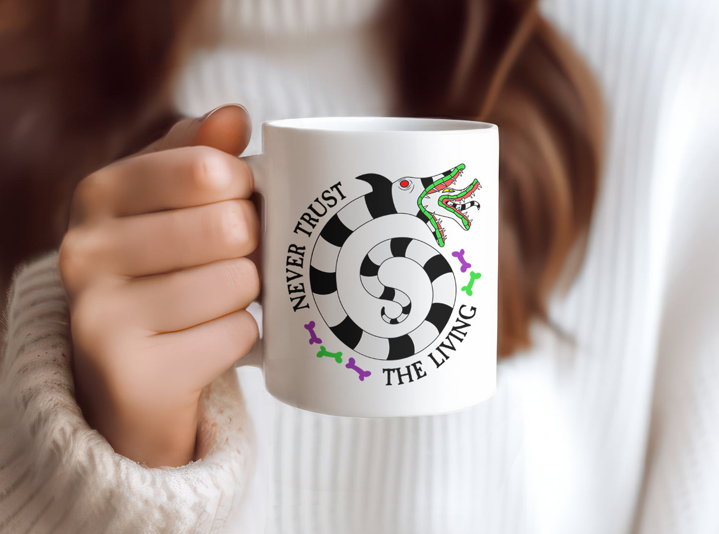 Never Trust The Living Sandworms Halloween, 11 oz Ceramic Coffee Mug, Novelty Tea Cup