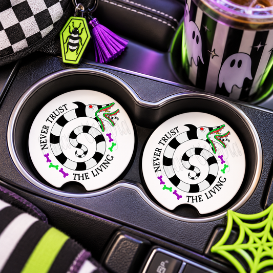 Never Trust the Living Sandworms Halloween Car Coasters Set of 2, Neoprene Cup Holder Inserts, Spooky Gothic Auto Accessory Gift