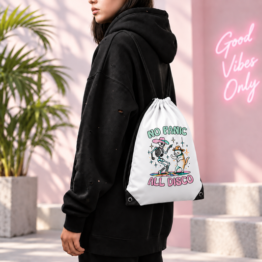 No Panic All Disco Cinch Sack, Small Drawstring Backpack, Funny Dancing Skeleton Cowboy Cat Retro Travel Bag Gift