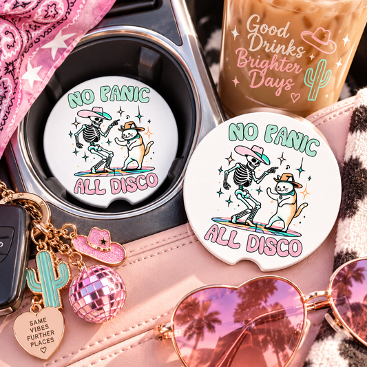 No Panic All Disco Car Coasters Set of 2, Neoprene Cup Holder Inserts, Funny Dancing Skeleton Cowboy Cat Retro Auto Accessory Gift