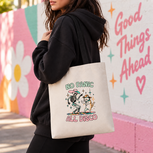 No Panic All Disco Canvas Tote Bag, Funny Dancing Skeleton Cowboy Cat Retro Reusable Grocery Bag Gift