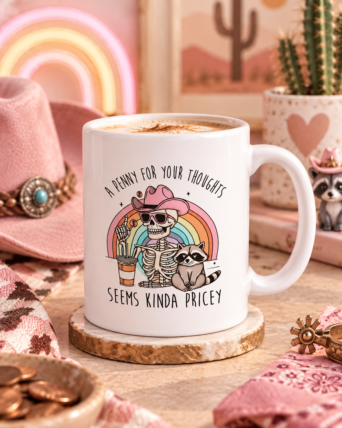 A Penny For Your Thoughts Seems Kinda Pricey 11 oz Coffee Mug, Funny Skeleton Raccoon Rainbow Gift, Sassy Quote Cup