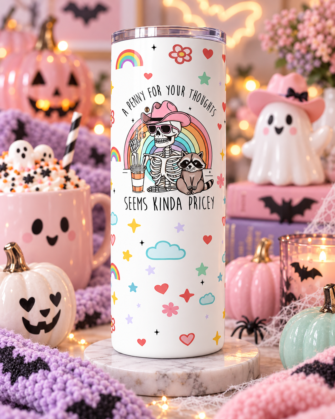 A Penny For Your Thoughts Seems Kinda Pricey 20 oz Skinny Tumbler, Funny Skeleton Raccoon Rainbow Gift, Sassy Quote Cup with Lid and Straw