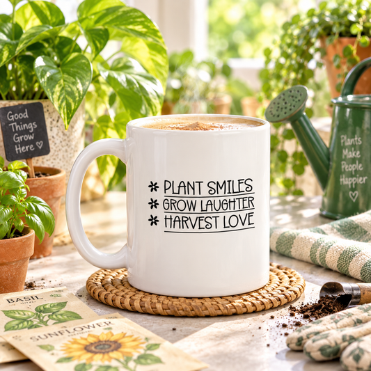 Plant Smiles Grow Laughter Harvest Love 11 oz Coffee Mug, Inspirational Gardener Gift, Cute Botanical Tea Cup