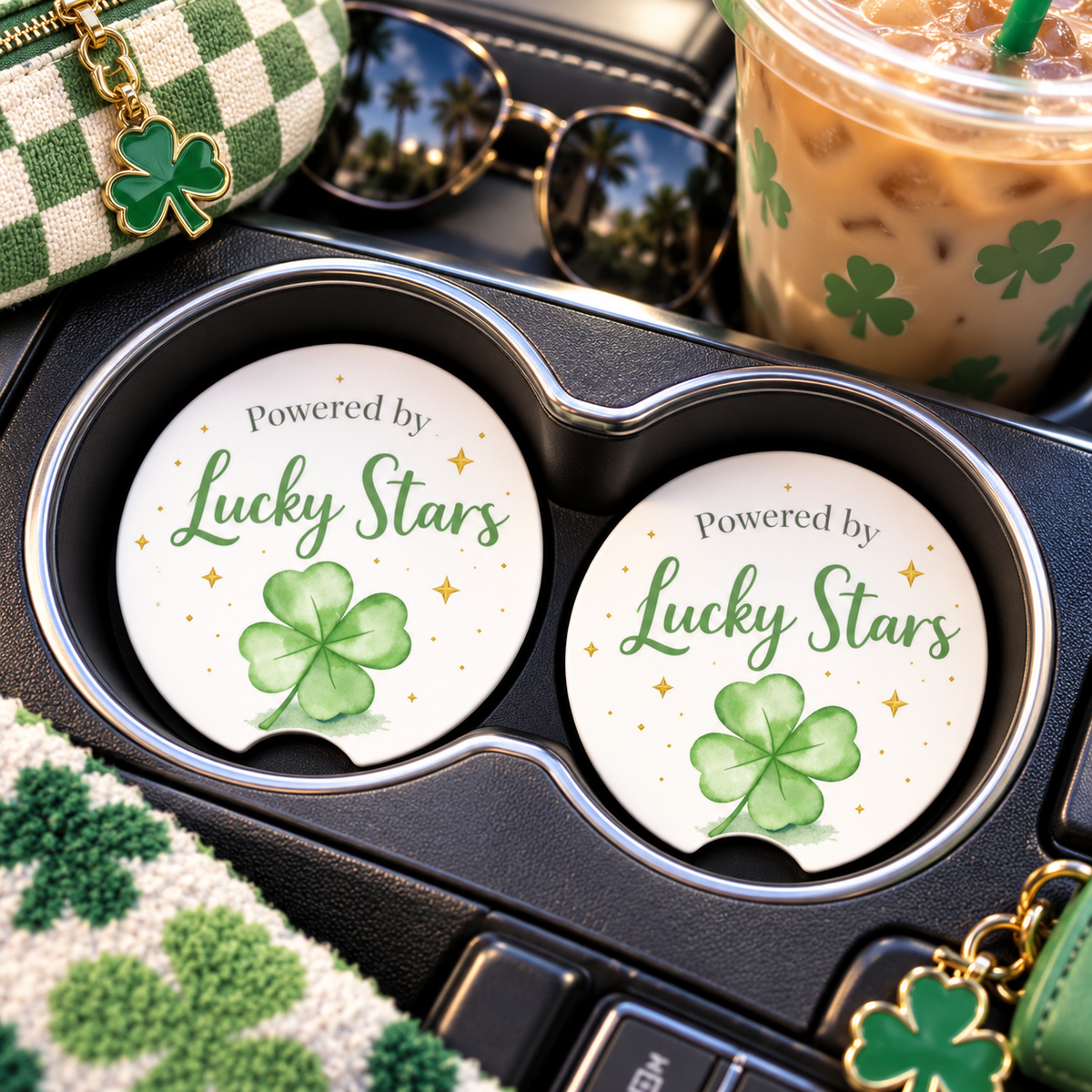 Powered by Lucky Stars Car Coasters Set of 2, Neoprene Cup Holder Inserts, St. Patrick's Day Clover Celestial Auto Accessory Gift