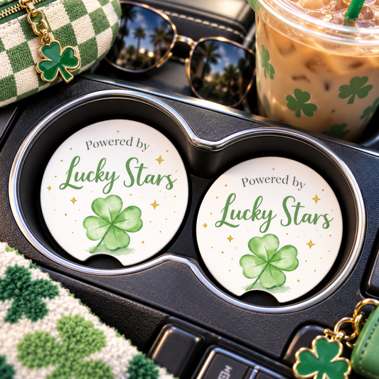Powered by Lucky Stars Car Coasters Set of 2, Neoprene Cup Holder Inserts, St. Patrick's Day Clover Celestial Auto Accessory Gift