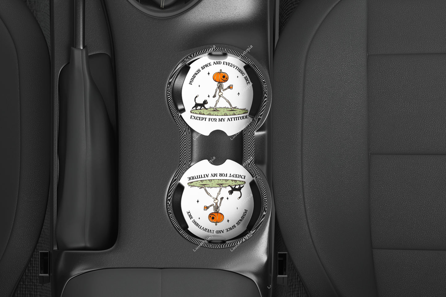 Cute Neoprene Car Coasters, Absorbent Cup Holder Inserts, Fun Auto Accessories (Set of 2) Pumpkin Spice Attitude