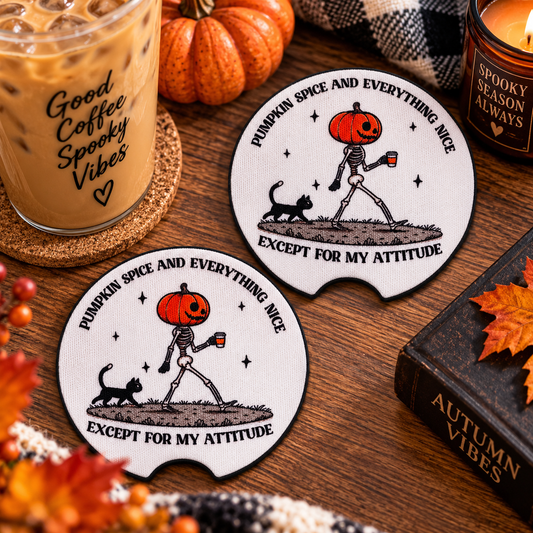 Pumpkin Spice and Everything Nice Except For My Attitude Car Coasters Set of 2, Neoprene Cup Holder Inserts, Funny Halloween Skeleton Black Cat Auto Accessory Gift